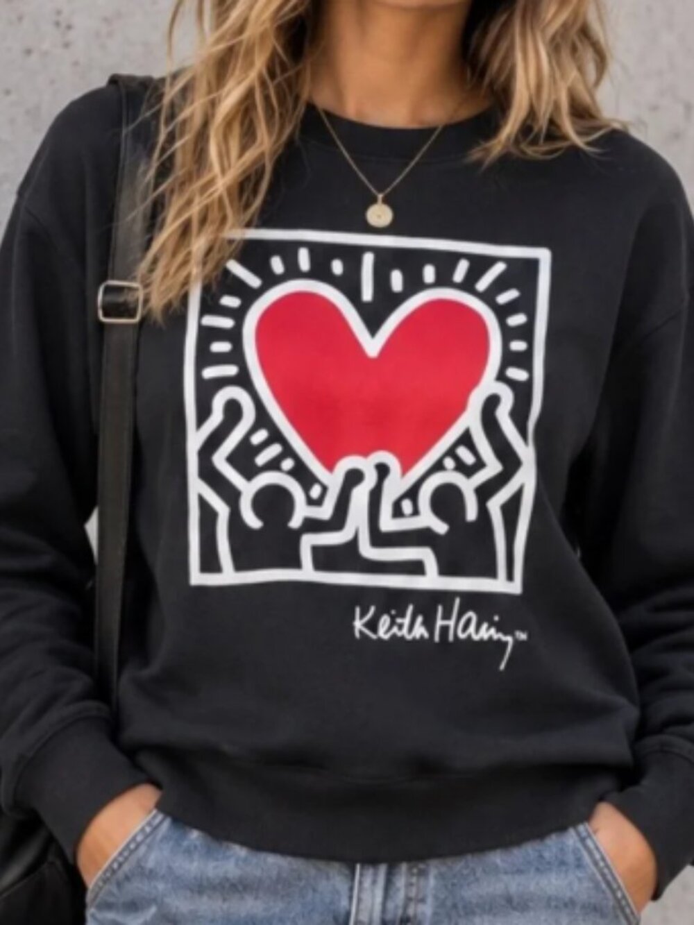 Keith Haring Dancing Heart Graphic Black Sweatshirt, Size Small